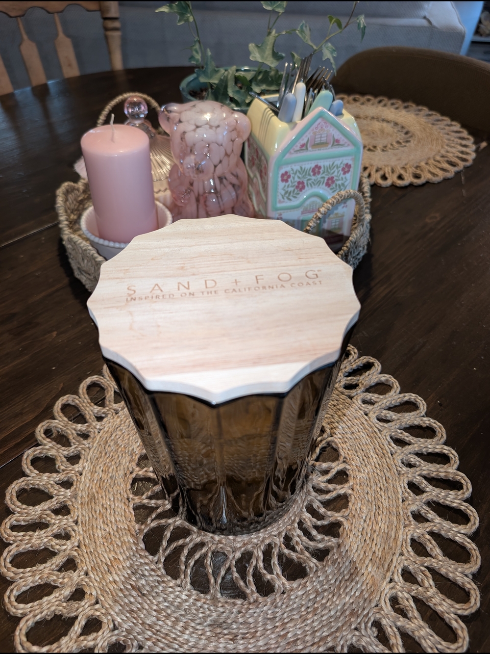 Sand + Fog Smoky Amber Fluted Glass Candle with Wood Scalloped Lid